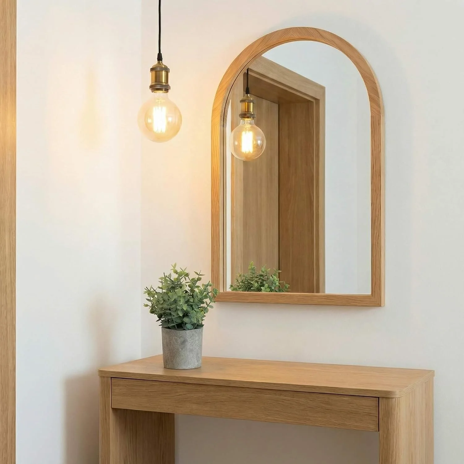 Potted faux eucalyptus pair, Sage Green: plant beneath a mirror