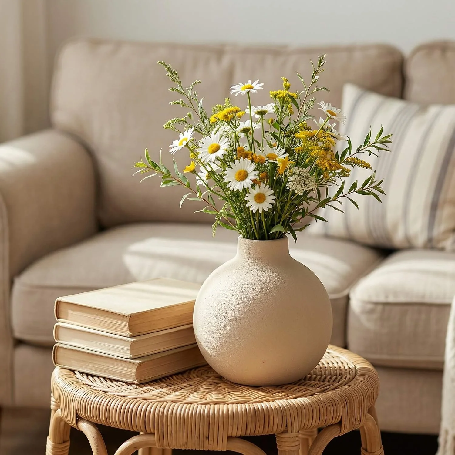 Rustic round ceramic vase, Terracotta: vase on a small table