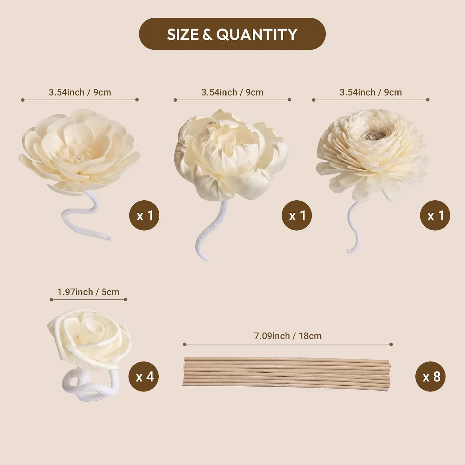 Ivory flower diffuser set, White: flower quantities and separate reed sizes