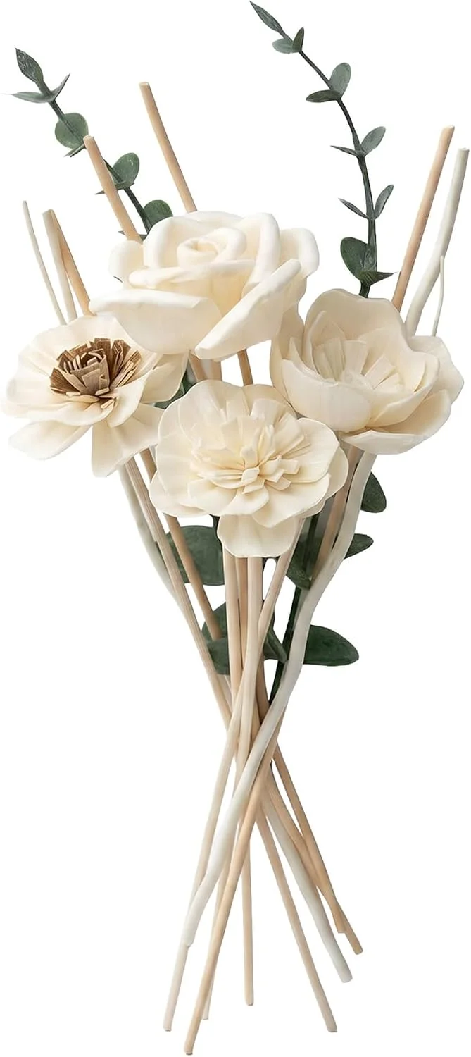 Eucalyptus flower diffuser sticks, Natural: flower stems with faux eucalyptus and reeds