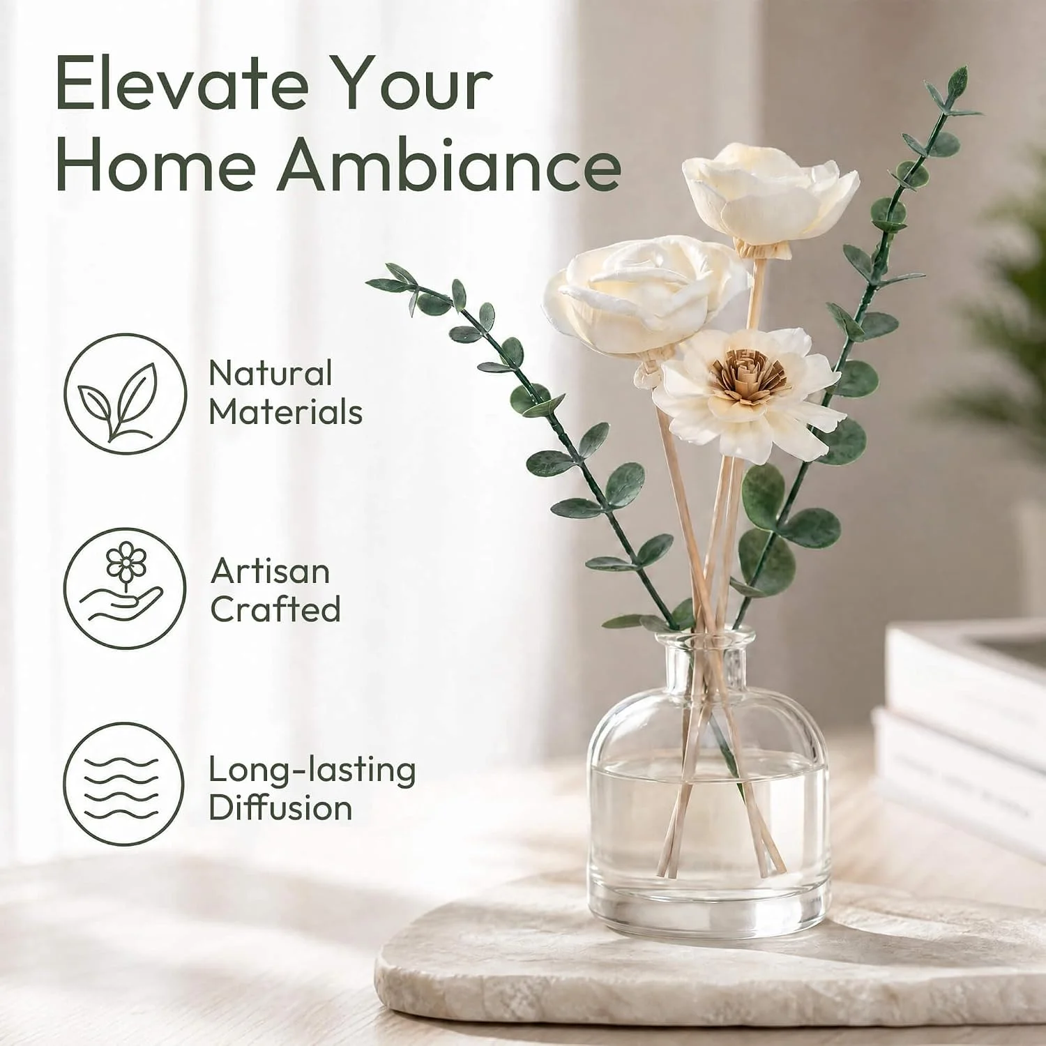 Eucalyptus flower diffuser sticks, Natural: arrangement in a glass vessel