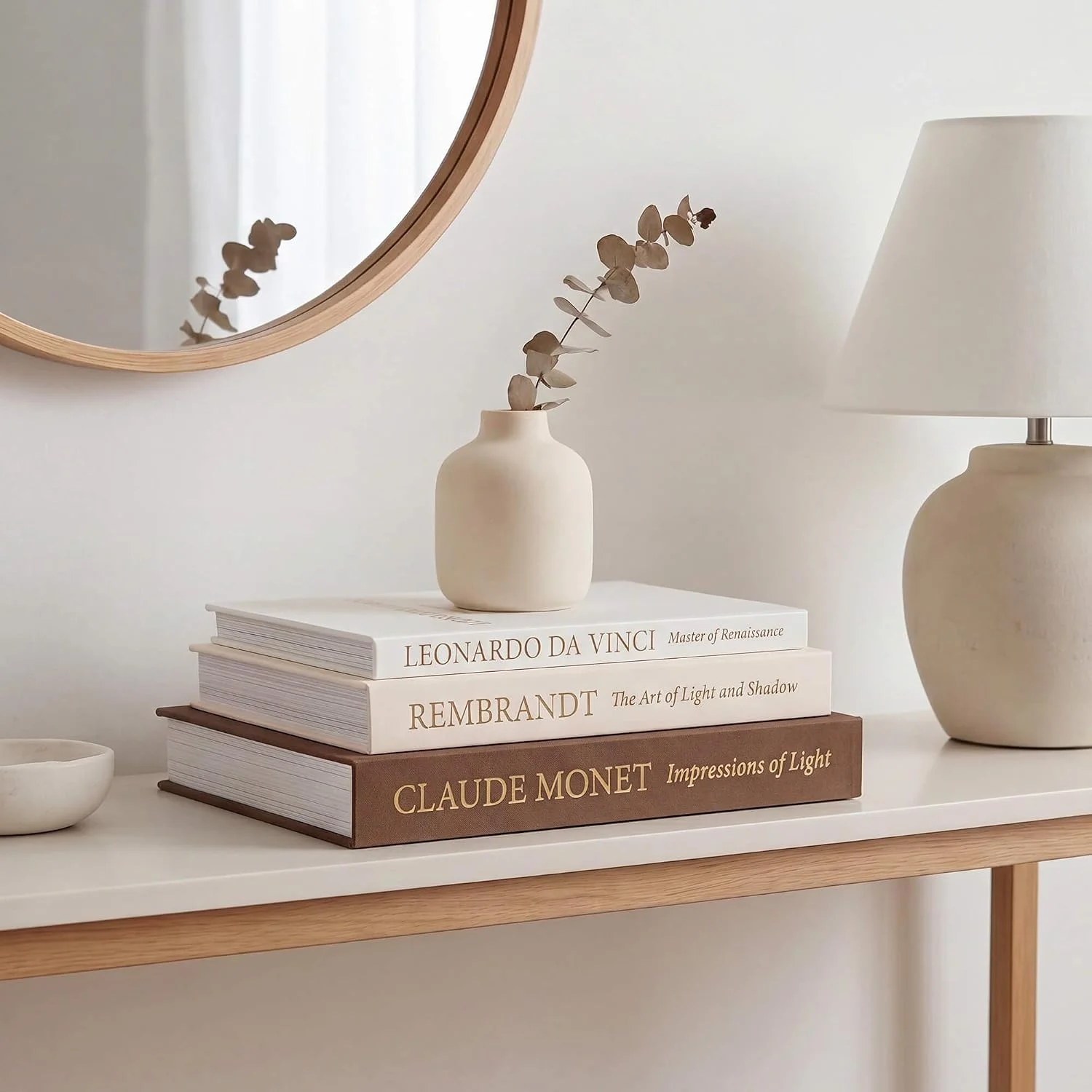 Artist trio linen storage books, Brown-Beige-White: sideboard arrangement