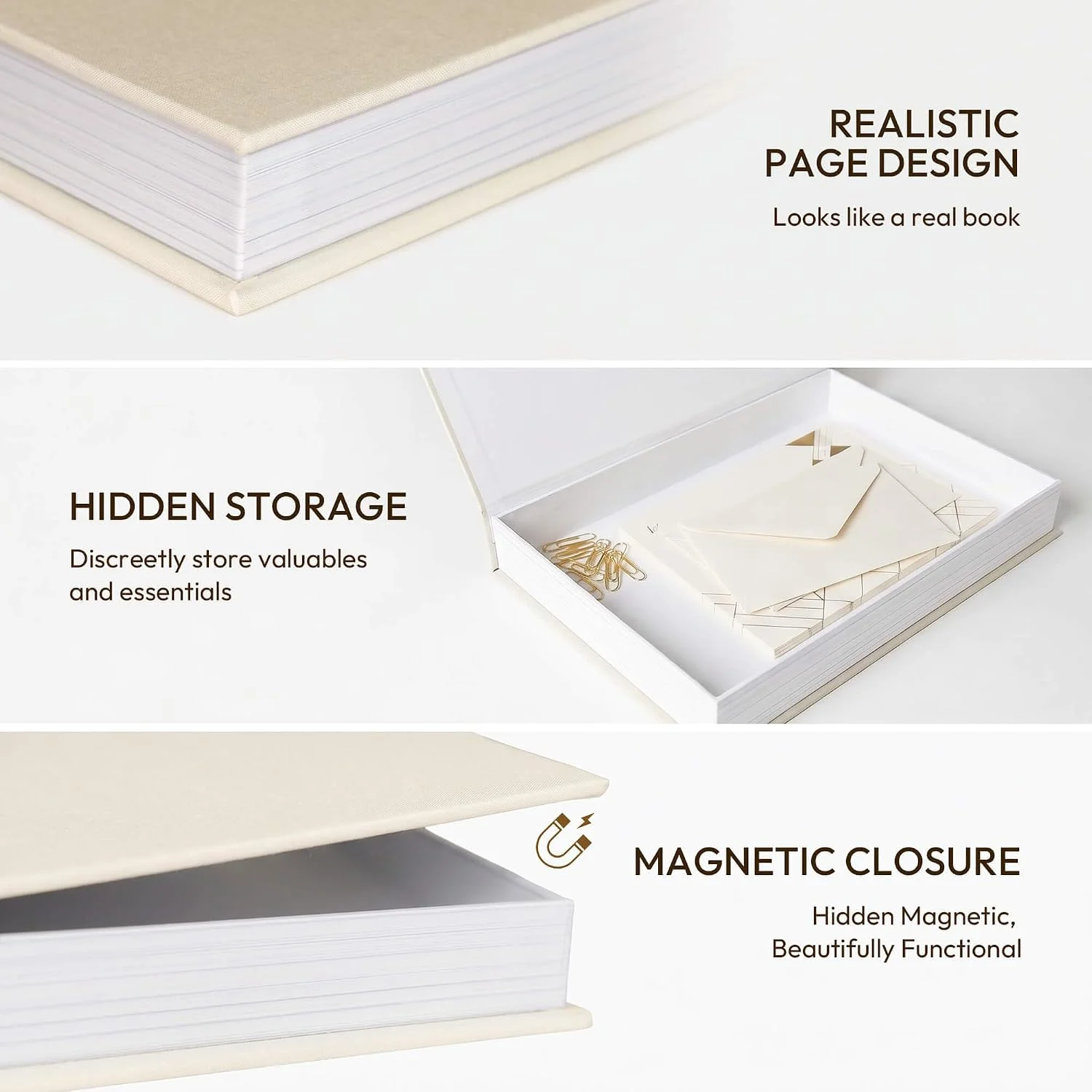 Artist trio linen storage books, Brown-Beige-White: storage compartments and closure