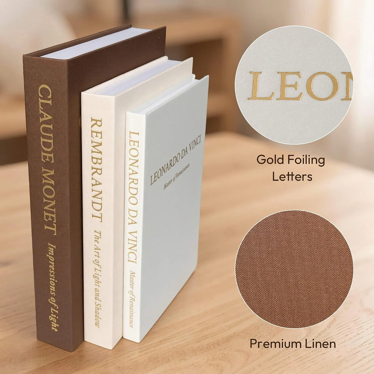 Artist trio linen storage books, Brown-Beige-White: linen texture and gold lettering