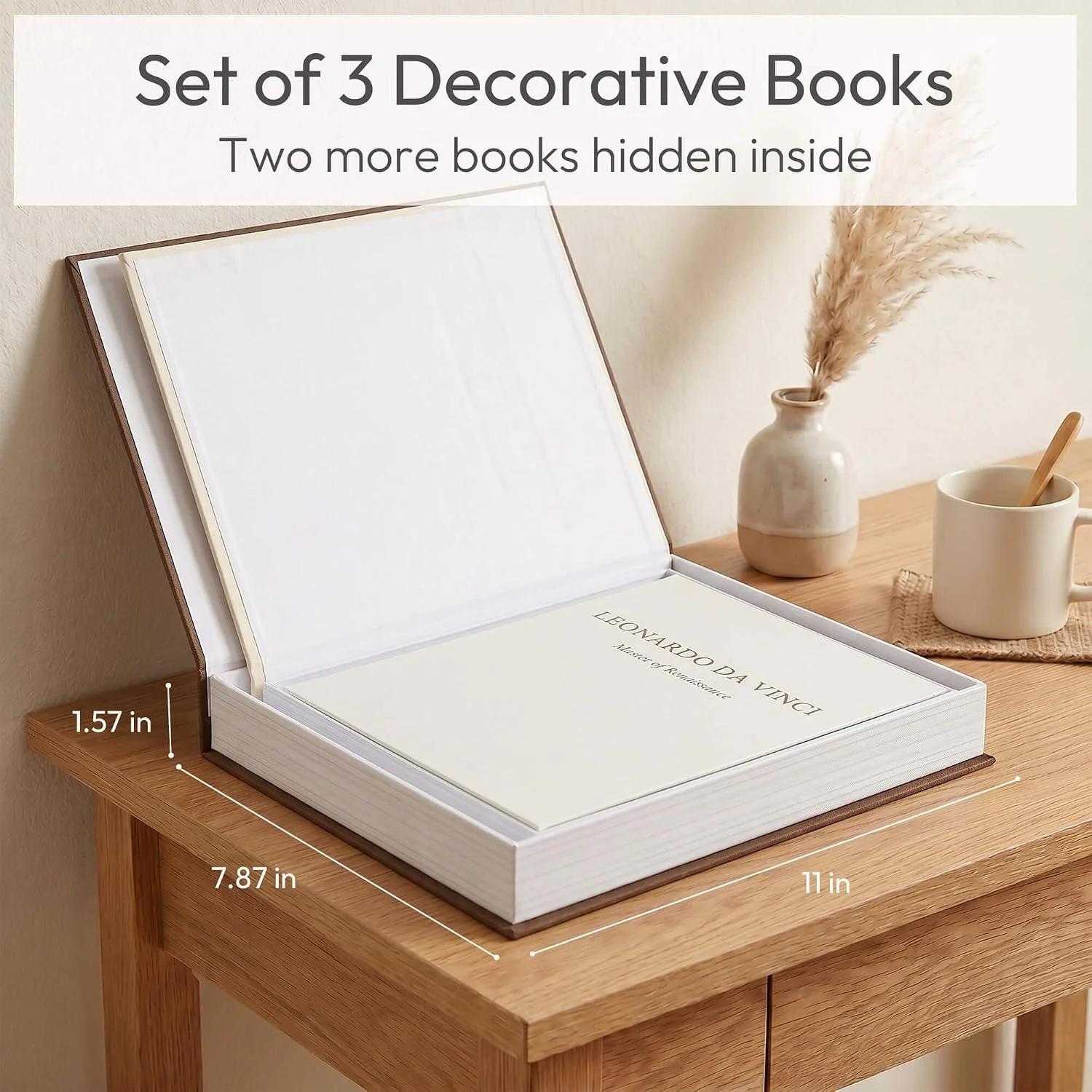 Artist trio linen storage books, Brown-Beige-White: nested books and size diagram