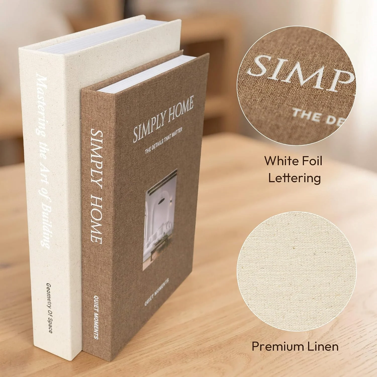Simply Home linen storage books, beige, brown: linen texture and white lettering