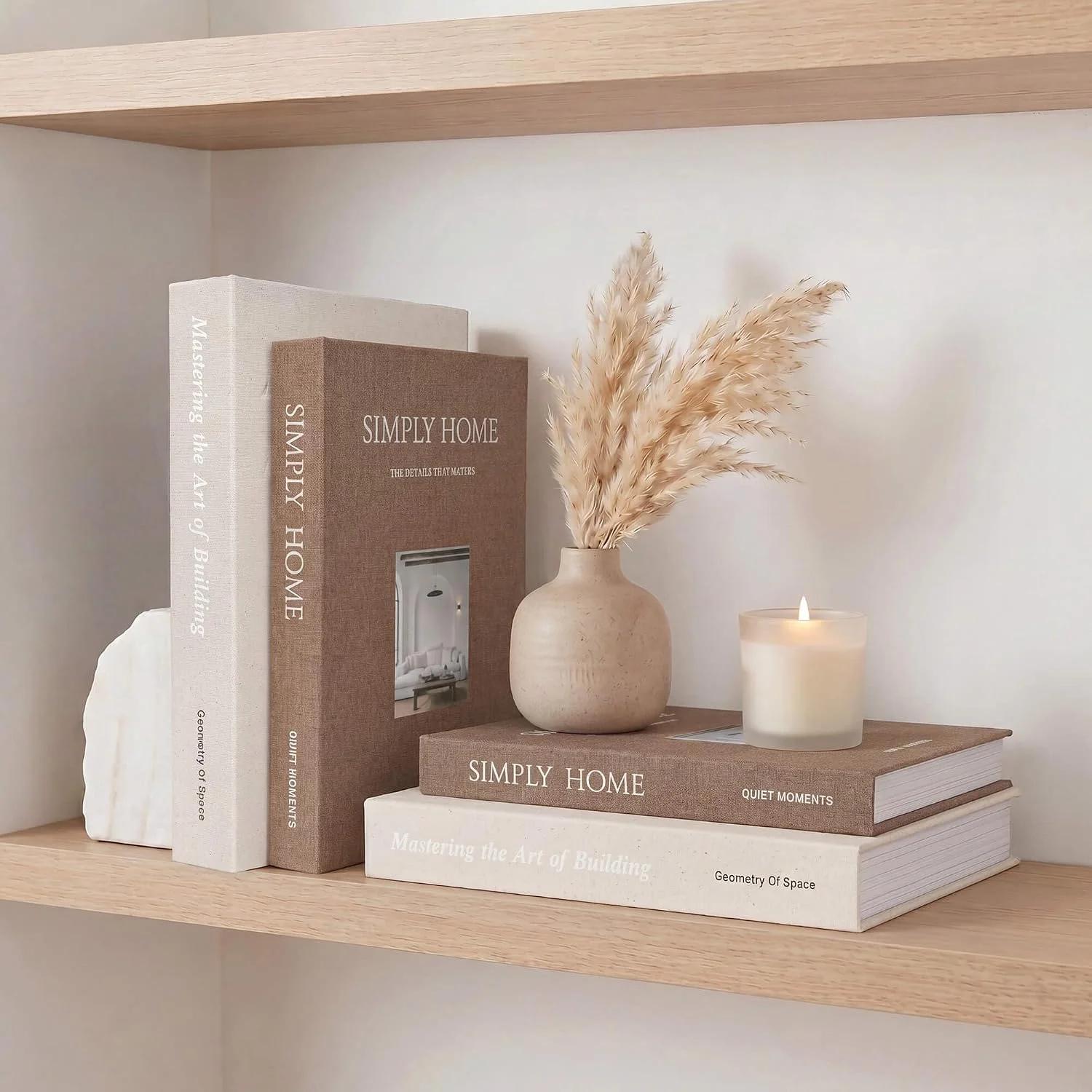 Simply Home linen storage books, beige, brown: stacked and upright display