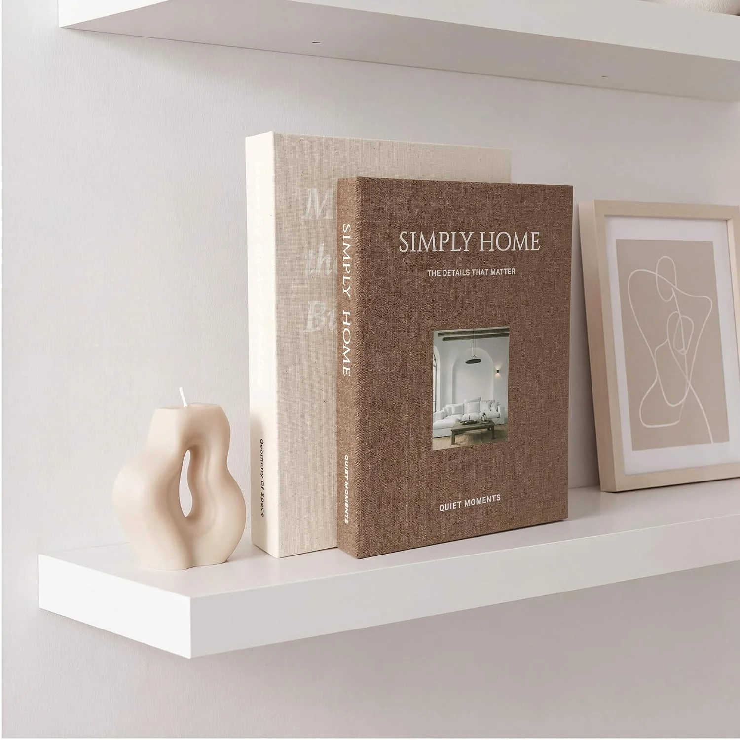 Simply Home linen storage books, beige, brown: upright shelf display