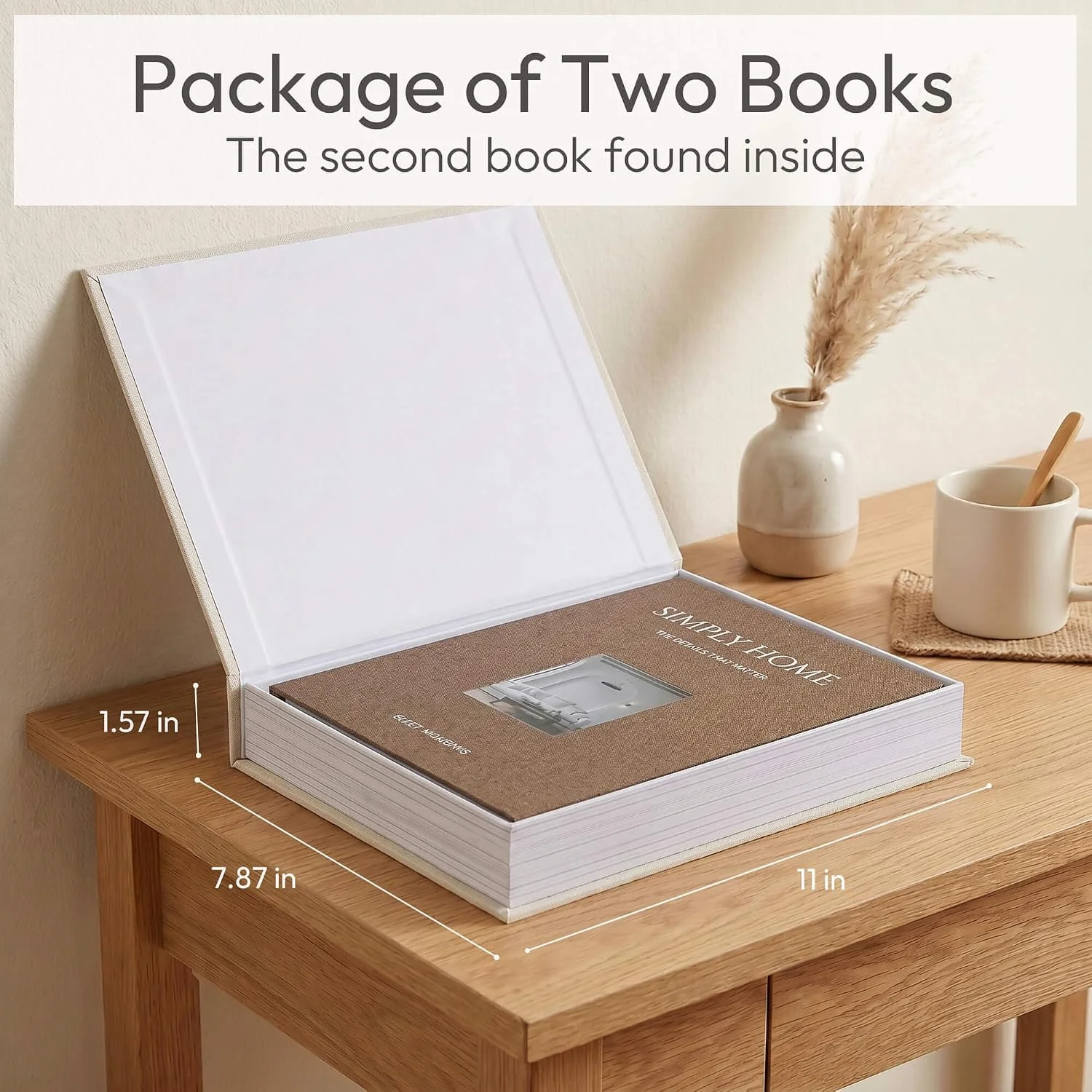 Simply Home linen storage books, beige, brown: nested books and size diagram